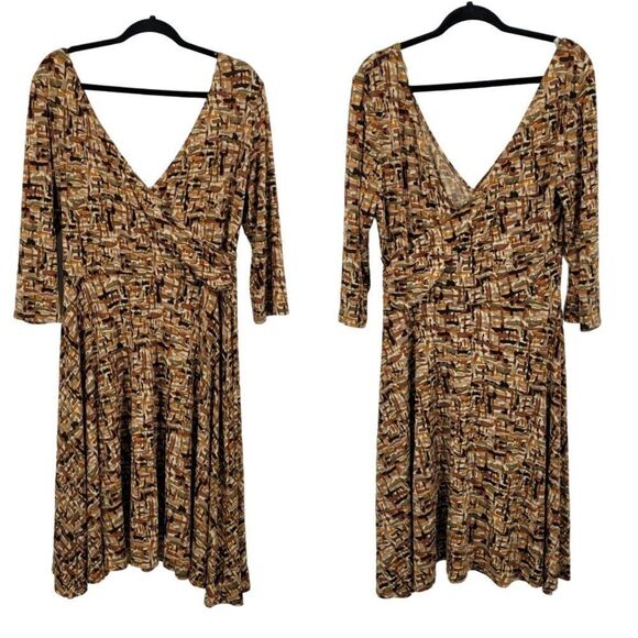 Vintage Slinky Stretch Faux Wrap Dress XL Brown Geometric Gathered Waist Mod USA - Picture 1 of 11